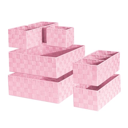 Drawer Organizer, Cube Baskets for Storage Shelves, Handmade Small Woven Basket, Shallow Storage Bins for Organizing Desk, Dresser, Kitchen, Pantry, Nested 7 Pack, Pink - color: Pink
