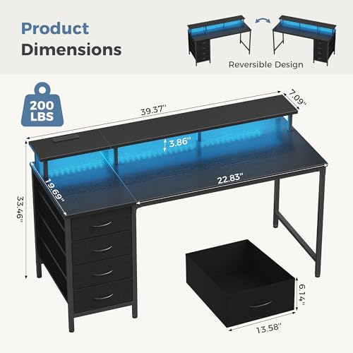 DUMOS 40 Inch Computer Desk with 4 Drawers,4 Drawer Gaming Desk with Power Outlets and LED Lights,Office Desk for Small Spaces with Monitor Shelf,Writing Desk for Home Office, Bedroom,Study,Black - color: Black, size: 40 Inches