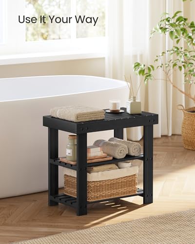 SONGMICS Shoe Rack Bench, 3-Tier Bamboo Shoe Storage Organizer, Entryway Bench, Holds Up to 286 lb, 11.3 x 19.7 x 17.8 Inches, for Entryway Bathroom Bedroom, Ink Black ULBS001B01 - color: Ink Black, size: 19.7"W
