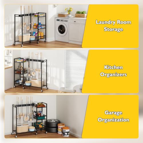 Broom Holder with Cleaning Supplies Organizer, Movable Broom Closet Storage Cabinet with Cleaning Caddy, Cleaning Cart with Mop Rack, Janitorial Housekeeping Cart on Wheels, Laundry Room Organization - size: Large