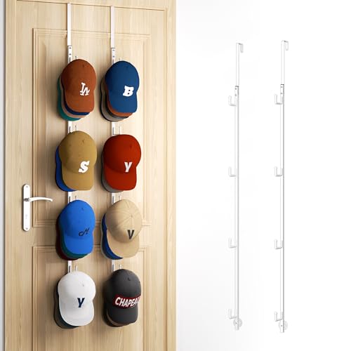 HapiRm Over Door Hat Rack - 2 Packs Hat Organizer with 8 Hooks Design, Hanging Baseball Cap Organizer Storage Holds Up to 40 Caps for Door, Bedroom, Closet (White) - color: White, size: 2 Pack