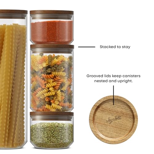 JoyJolt Holden 7-Piece Stackable Glass Storage Containers with Lids, Airtight Food Canister Set with Acacia Wood Lids, Round Stacking Pantry and Kitchen Containers for Pasta, Flour, Sugar, Coffee
