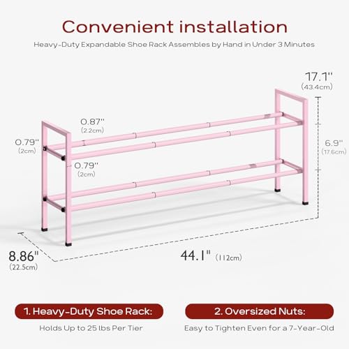 Bumusty 2-Tier Long Expandable Shoe Rack for Closet, 18"-44" Adjustable Shoe Rack for Entryway, 10-12 Pairs Large Shoe Organizer Shelf Storage, Sturdy Metal, Pink - color: Pink, size: 2-Tier