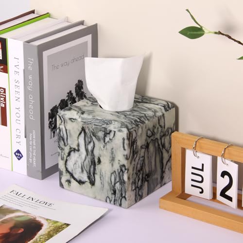 Natural Marble Square Tissue Box Cover ,Stone Modern Decorative Sturdy Napkin Box Holder Case,Facial Paper Organizer for Bathroom Vanity Toilet Countertop,Kitchen (1, Green Emerald, 5.71*5.71*5.51) - color: Green Emerald