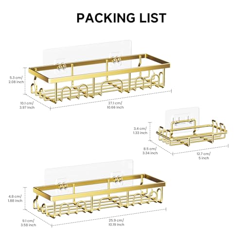 Shower Caddy, 3 Pack Shower Shelves for Inside Bathroom, Rustproof Adhesive Bathroom Organizer with Soap Holder, No Drilling Washroom Organizers and Storage for Bathtub Room/Kitchen/Home, Gold - color: Gold, size: 3-Pack