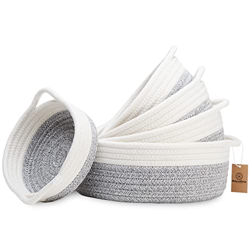 NaturalCozy 5-Piece Round Small Woven Baskets Set– Cotton Rope Baskets for Organizing! Montessori Toys, Fruits Remotes Key Tray Bowl for Entryway Desk, Shallow Catchall Home Décor, Cat Dog Bin Gift - color: Off White & Mixed Gray