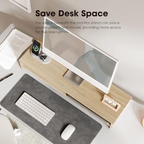 Fenge Monitor Stand, 31.5 Inch Computer Monitor Riser for Desk, 2 Tiers Wood Desk Shelf with Storage, Desktop Organizer for PC, Laptop, Screen, Printer - color: Oak