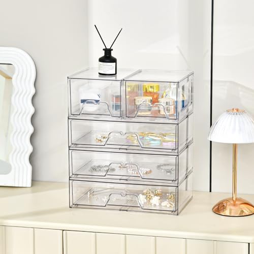 Stebopum 4 Pack Stackable Storage Drawers Clear Acrylic Organizer Bathroom Makeup Organizer and Storage for Beauty Supplies,Ideal for Vanity, Bathroom,Cabinet,Pantry Organization - style: 2 Small+2 Wide