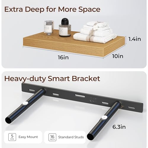 Fun Memories Floating Shelves for Wall 16 Inch Set of 3, Farmhouse Floating Shelves with Invisible Heavy Duty Bracket, 10 Inch Deep Bathroom Shelves for Storage, Living Room, Kitchen, Decor, Oak - color: Oak, size: 16"W x 10"D - 3P