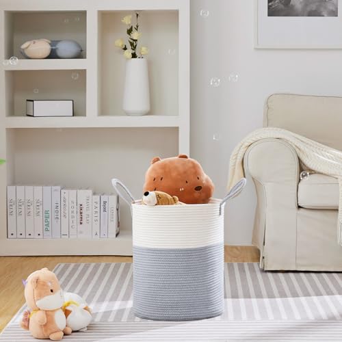 VIPOSCO Large Laundry Hamper, Tall Woven Rope Storage Basket for Blanket, Toys, Dirty Clothes in Living Room, Bathroom, Bedroom - 53L Grey & White - color: Grey, size: 53L