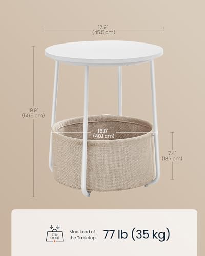 SONGMICS HOME Small Side Table, Round End Table, 2 Tier Nightstand with Basket, U Shaped Steel Legs, Easy Assembly, for Living Room, Bedroom, White and Brown - color: White + Brown, size: 1 pack
