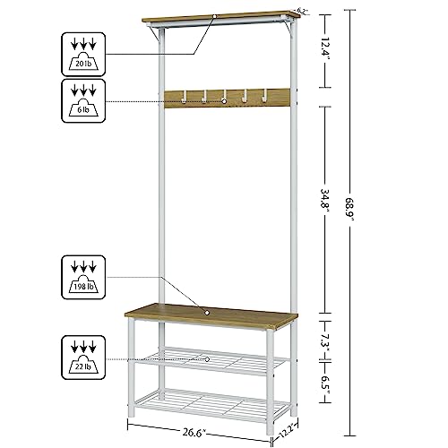 Hall Tree with Bench and Shoe Storage, 3-in-1 Coat Rack Shoe Bench, Freestanding Wooden Coat Rack with Metal Frame, 3-Tier Storage Shelf and 5 Removable Hooks, White - color: 2.white Hall Tree With Top Shelf