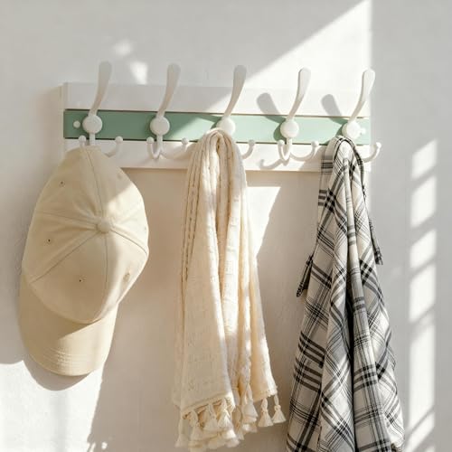 SKOLOO Coastal Wall Mounted Coat Rack - 16-7/8" Beach House Entryway Wooden Coat Hook with 5 Hooks for Hanging Coats, Hats or Towels, Oceanfront Cottage Core Collection, White & Green - color: Green & White Plates & White Hook, size: 1 Item-5 Hooks