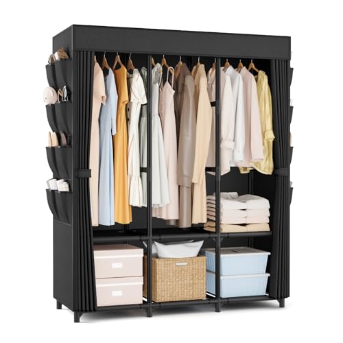 Wardrobe Closet, Portable Closets for Hanging Clothes 19mm Steel Tube Portable Wardrobe Closet for Bedroom, Clothes Rack with Cover, 3 Hanging Rod, 6 Storage Shelves and Side Pocket - color: Black, size: 3 Row - 52' Wide