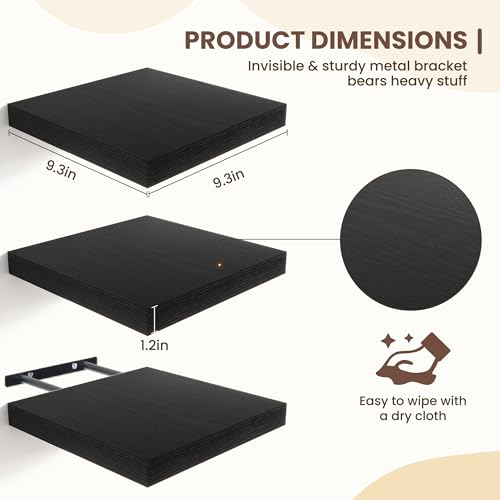 Fun Memories Floating Shelves for Wall - 9.3 Inch Square Shelves with Invisible Brackets, Black Small Wall Shelf for Living Room, Bathroom, Bedroom, and Kitchen Decor Black Set of 3 - color: Black, size: 9.3"W x 9.3"D - 3P