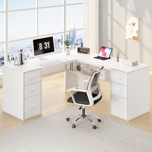 HSH White L Shaped Desk with Drawers Shelves, Large Home Office Corner Computer Desk with Storage File Cabinet, Modern Metal Wood Desk for Executive Writing Study Workstation, 59 Inch Bedroom Table - color: White Oak