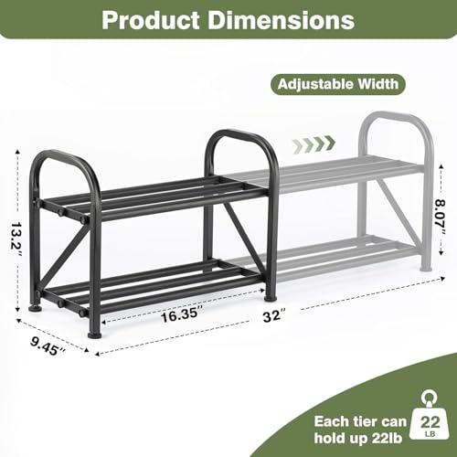 2-Tier Shoe Rack for Closet, 16"-32" Expandable ShoeRack, Adjustable for Entryway Closet Doorway SturdyMetal, Black - color: 2 Layers and 6 Tubes