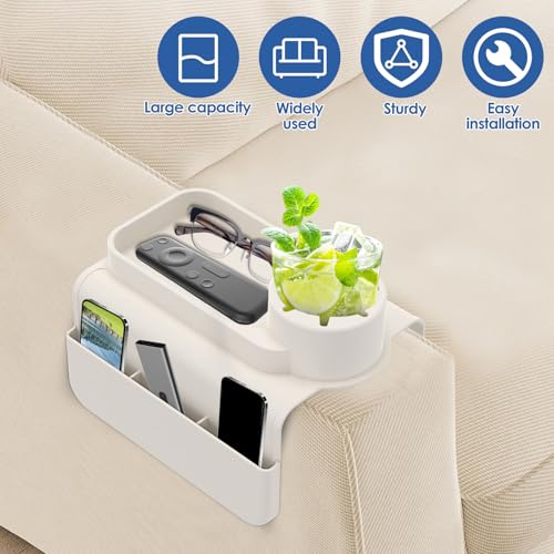 Silicone Sofa Armrest Tray with Dual Side Pockets, Anti-Slip Couch Cup Holder, Silicone Armchair Cup Holder for Drinks, Phone & Snacks, Arm Organizer for Living Room, Recliner, Car (White) - color: White