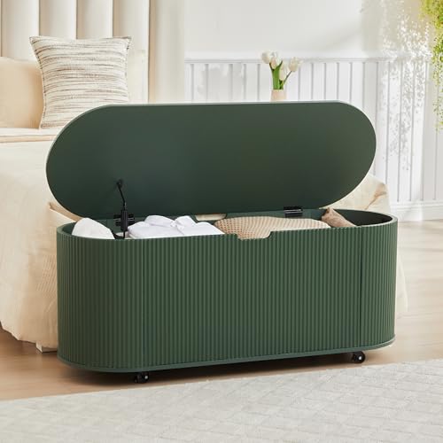 Fluted Storage Bench with 4 Wheels, 43.3” Oval Storage Chest with Safety Hinges, Modern Wooden End of Bed Bench, Large Storage Trunk Toy Chest with Lift Top for Entryway Bedroom Living Room, Green - color: Green
