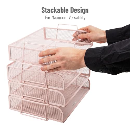 Mind Reader Stackable Paper Tray, Desktop Organizer, File Storage, Office, Metal Mesh, 4 Pcs., Pink (Pack of 4) - color: Pink, size: 13.3" x 9.8" x 11.3" (Pack of 4)