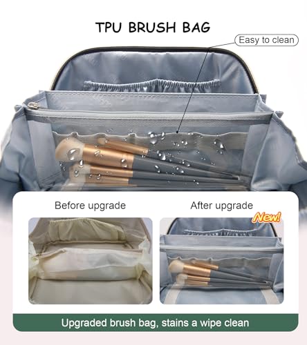 Travel Makeup Bags Organizer for Women: 3 Pcs Set Cosmetic Bag - Large Make up Bag with Compartments - Flat Open Waterproof Leather Toiletry Bags for Skincare, Brushes & Travel Essentials - Green - color: 09-Green