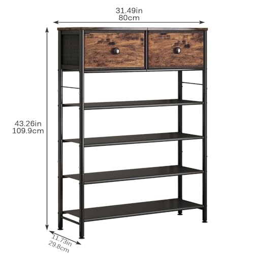 INGIORDAR Shoe Rack Organizer 5 Tier Metal Organizer Shelf with Industrial MDF Board and Layer Fabric for Entryway Closet Bedroom Living Room Garage (Black+Rustic Brown, 5 Tier with 2 Drawers) - color: Black+rustic Brown, size: 5 Tier with 2 Drawers