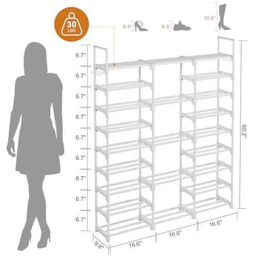 WOWLIVE 9 Tiers Large Shoe Rack White Shoe Rack Organizer for Closet 50-55 Pairs Stackable Heavy Duty Shoe Shelf Shoe Storage with Metal Pipes Plastic Connectors - color: White, size: 3 Row 9 Tier