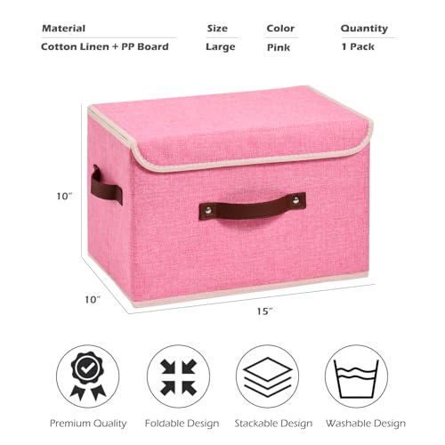 Storage Boxes with Lid Cotton Linen Fabric Storage Bins Organizer Container Decorative Collapsible Washable Shelf Baskets Faux Leather Handles for Home Bedroom Closet (Pink, Large) - color: Pink, size: Large (Set of 1)