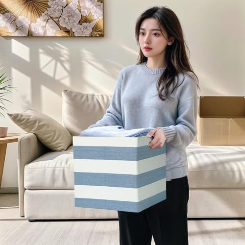 13 x 13 x 13 Inch Storage Bins, Collapsible Fabric Cubes, Cubby Organizer Bins Striped Container Baskets for Home Office Wardrobe Closet Shelf, Pack of 4, Blue/White Stripe - color: Blue/White, size: 13"x13"x13"