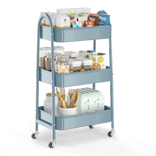 3 Tier Utility Rolling Cart, EAGMAK Metal Storage Cart with Handle and Lockable Wheels, Multifunctional Storage Organizer Trolley with Mesh Baskets for Kitchen, Living Room, Office, Garage (Blue) - color: Blue, size: Normal