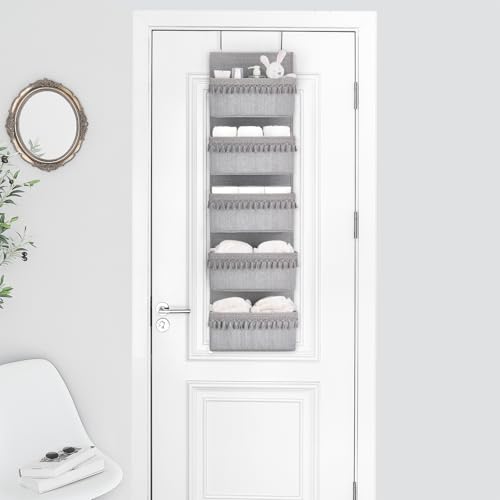 Dahey Over The Door Organizer Boho Nursery Storage Decor Closet Hanging Organizer with Tassels Decoration for Bedroom Nursery Bathroom Apartments Dorm Pantry, 5 Pockets, Grey - color: Grey, size: Large