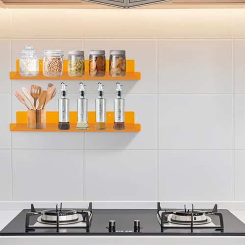 Dezzer 4 Pack Acrylic Shelves for Wall, 15" Acrylic Floating Shelves for Bathroom Bedroom, Invisible Bookshelf Wall Ledge Storage Shelf Books Perfume Toys Action Figure Display Shelves, Clear Orange - style: 15 inch 4-pack Orange