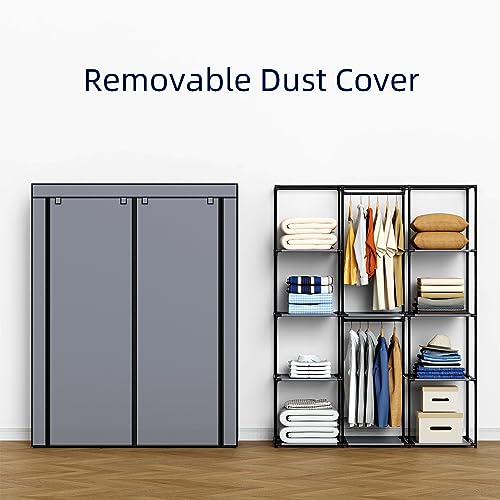 Portable Closet, Wardrobe Closet with 10 Storage Shelves and 2 Hanging Rods, Non-Woven Fabric Cover, 52.4 x 18.1 x 66.6 Inches Closet Organizer for Bedroom, Gray - size: Large