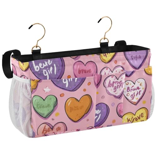 Bedside Caddy Metal Frame Hanging Organizer Bunk Bed Dorm Accessories Hook And Loop Storage Bag Large Pockets Be Brave Girl Hearts Stars Dots - color: Be Brave Girl Hearts Stars Dots