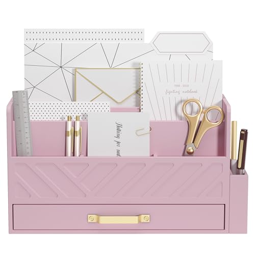 WISUCART Bamboo Desk Organizer Mail Holder Countertop Wood Desk Drawer Tabletop Storage Box Pen Holder Letter Sorter Makeup Organizer for School Home Office Supplies with Pen Holder Pink - color: Pink with Pen Holder