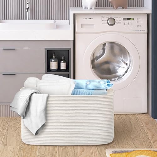 White Baskets for Organizing, 22" X 17" X 12" Rectangle Cotton Rope Storage Baskets, Woven Blanket Basket Living Room, Large Kids Toy Storage Organizer Bins, Baby Wicker Laundry Basket - color: White