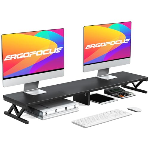 Dual Monitor Stand Riser, Large Wood Monitor Lift with Storage, Sturdy Wood&Steel Multi Screen Stand, Desktop Organizer - color: Black