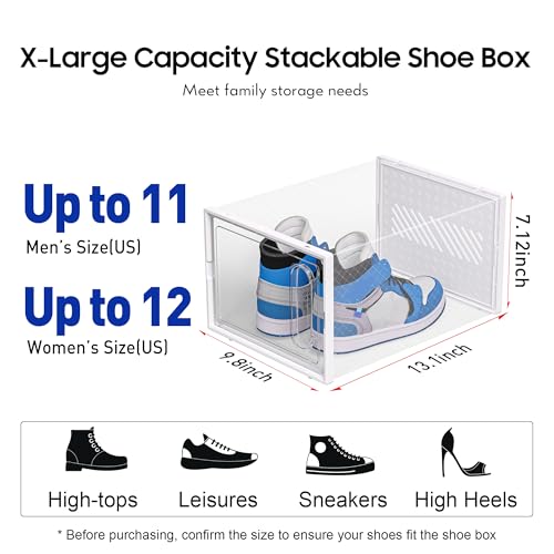 eWonLife Large Shoe Organizer Storage Box with Magnetic Door,12 Pack Clear Plastic Stackable Sneaker Containers for Closet, Connect Left and Right Shoe Box for Entryway, Drop Front, Under Bed (White) - color: White