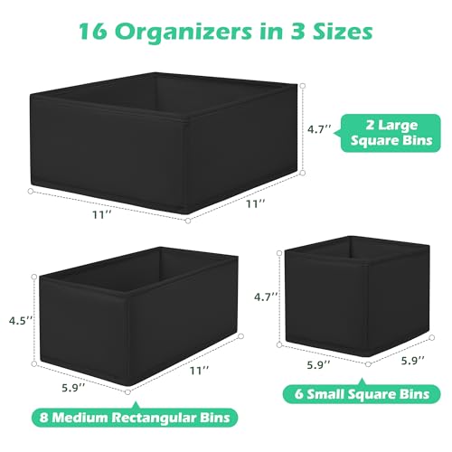 Drawer Clothes Organizer 16-Pack, Black 3 Sizes Underwear Drawer Dividers, Fabric Folding Wardrobe Organizer, Can Store Baby Clothes, Bras, Underwear, Panties, Belts, Socks, Ties, etc. - color: Black