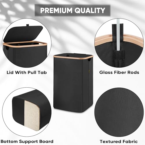 BALEINE Laundry Hamper with Lid, Tall Laundry Baskets with Bamboo Pull Handles, Large Laundry Bin with Internal Support (26Gal/100L, Carbon Black) - color: Carbon Black, size: 100 liters