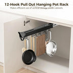 Homaisson Pull Out Hanging Pot Rack, 12-Hook Extendable Sliding Rail Organizer, Metal Pull Out Pan Rack for Under Cabinet, Adjustable Pot Pan Organizer, Multi-Use for Cupboard Closet