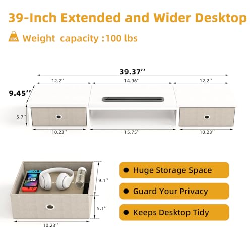39 Inch Dual Monitor Stand Riser with 2 Drawers - Large White Wooden Computer Stand for 2 Monitors, Ergonomic Desk Organizer with Phone Holder, Desktop Storage for Laptop, Office Supplies, Home Office - color: White