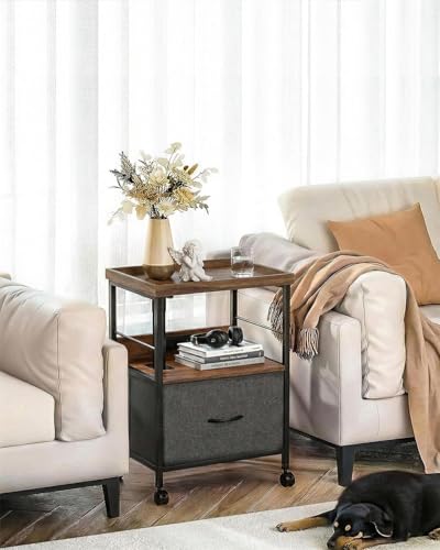 Swivel Lift Top Nightstand with Charging Station, Vacuum Forming Rolling Side Table for Recliner, Bedside Table with Wheels & a Fabric Drawer, for Small Spaces, for Bedroom, Living Room, Walnut Gray - color: Walnut Gray, size: 1 Drawer (Vac-Form)