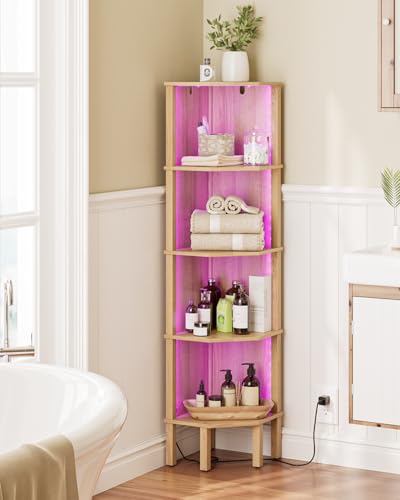 Corner Shelf Stand, 5 Tier Corner Bookshelf with Light,Corner Furniture for Bedroom Display Corner Shelf for Small Space,Wood Shelves with Storage Rack for Living Room,Office,Oak - color: Oak