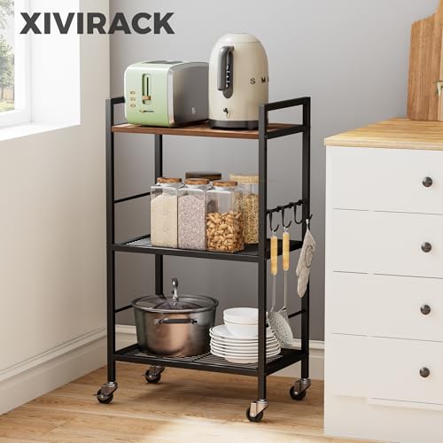 3-Tier Metal Storage Rack with Industrial Wheels,Mesh Shelving Unit with Wooden Table top,Adjustable Shelf,16.9-Inch Width,for Kitchen,Laundry,Pantry,Plant,Black - color: Brown Panel, size: 3 Tier (16.9"W x 11.8"D)
