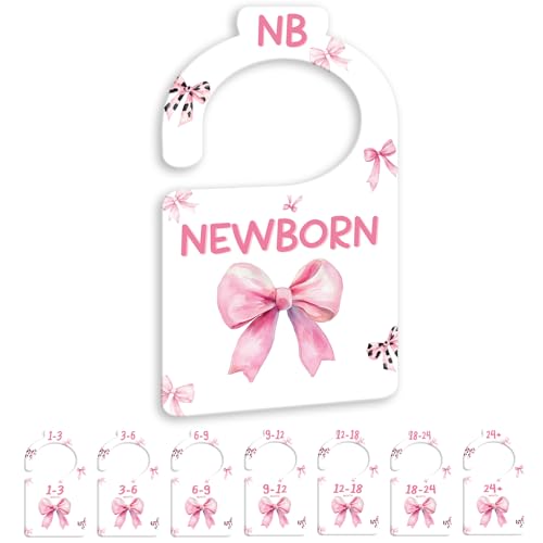 JMOST Pink Bows Baby Closet Dividers for Nursery Closet Organizer, Newborn to 24 Months Size Clothes, Hangers with Size Dividers, Double Sided - color: Watercolor Pink