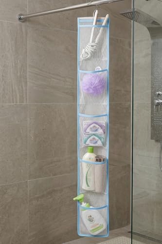 ALYER Narrow Mesh Fabric Shower Caddy Organizer with Hanger,Hanging Mesh Pockets for Shampoo, Conditioner, Soap and Body Wash (Blue) - color: Blue-hanger