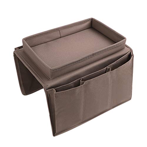 Sofa Armrest Organizer with Cup Holder Tray Chair Arm TV Remote Holder for Recliner Couch Armchair Caddy Bedside Storage Pockets Bag for Cellphone Tablet Book Magazines Drinks Holder Pouch - color: Coffee, with Top Tray