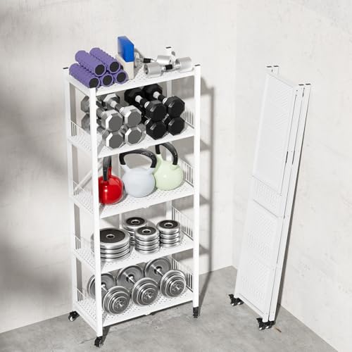 Folding Shelves No Assembly, 5 Tier Heavy Duty Foldable Storage Shelves with Wheels, 220LBS Per Shelf Metal Collapsible Rack for Garage Pantry, White - color: White/5-tier