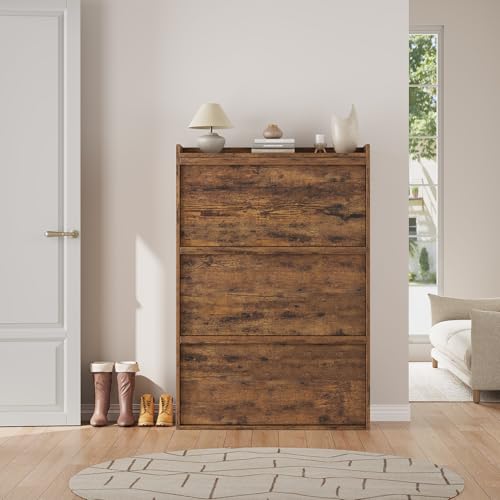 GarveeHome Shoe Cabinet with 3 Flip Drawers, Wooden Shoe Organizer Cabinet with Adjustable Shelf, Shoe Storage for Entryway, Hidden Shoe Cabinet for Hallway, Living Room, Rustic Brown - color: Rustic Brown, size: 3-Drawers